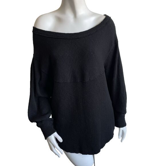 We The Free People OG Thermal Pullover Top Size S Black Oversized Slouchy Shirt - Picture 1 of 14